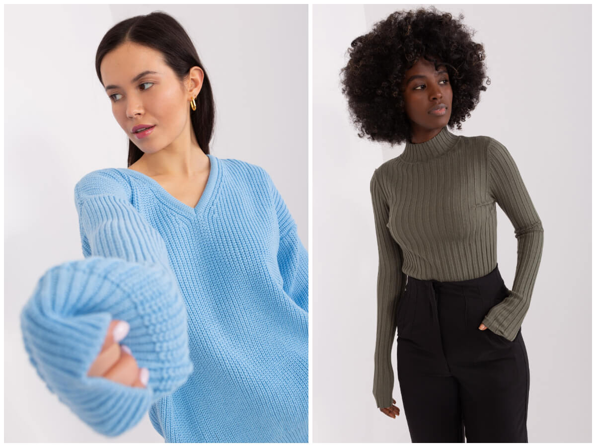 Ciepłe sweter damskie w modnych fasonach i kolorach.